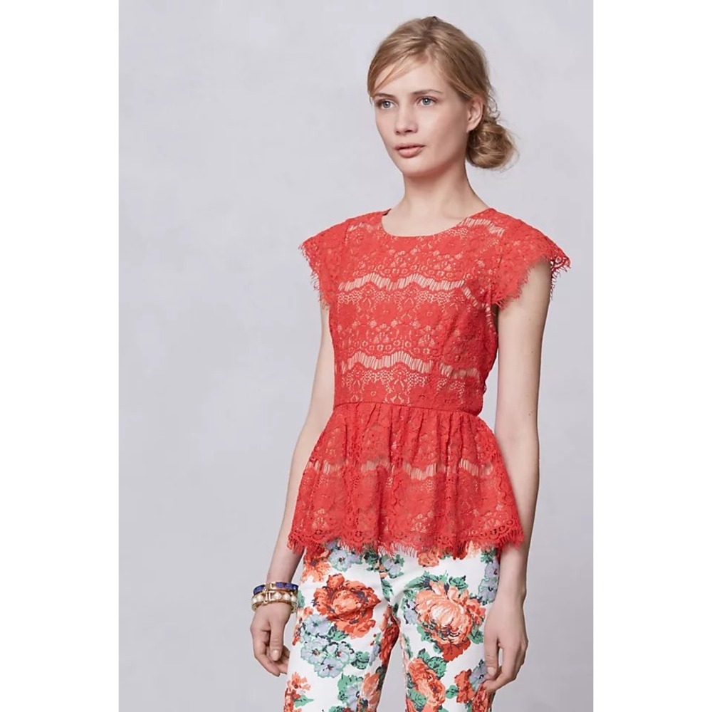 (B3) Maeve Anthropologie Red Lace Peplum Top Sleeveless Eyelash Trim‎ Small
